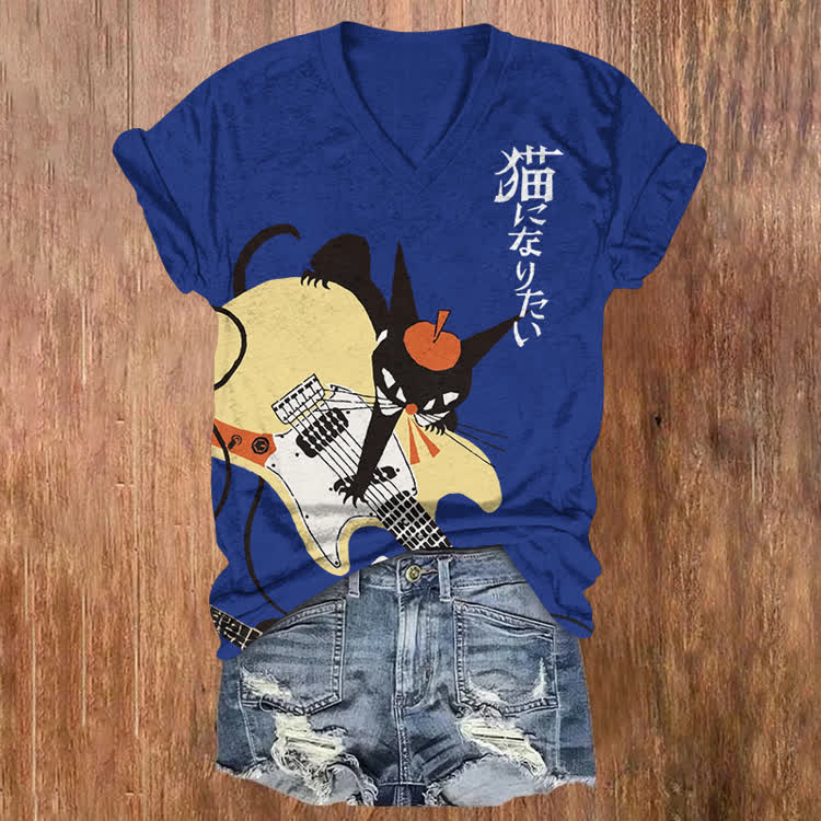 Japanese Kitty Guitarist Pattern Print Short Sleeved V-Neck T-Shirt - Royal Blue - US32-34(5XL) - image 3