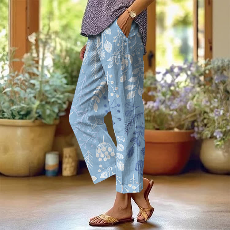 Floral Silhouette Gradient Pattern Print Casual Pocket Pants  - Light Blue - US 20 (5XL) - image 4
