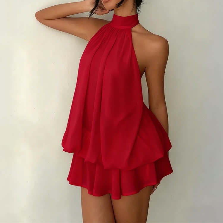 Solid Color Halter Neck Off Shoulder Dress - Red - US16-18(2XL) - image 5