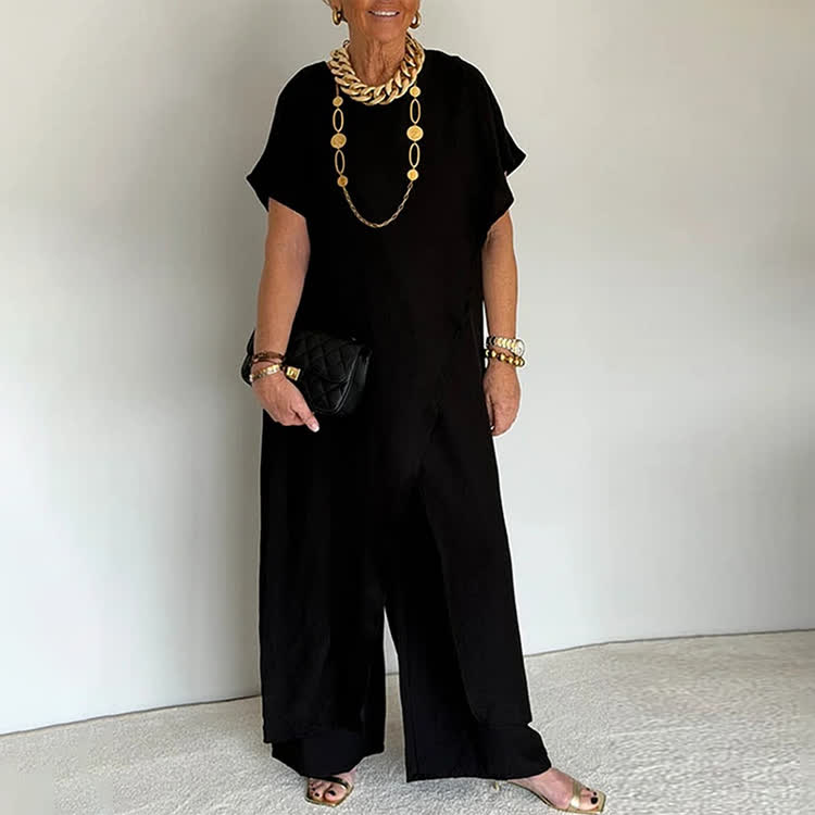 Elegant Solid Round-neck Short Wide-sleeve Blouse & Wide-legs Pants - Black - 3XL - image 10