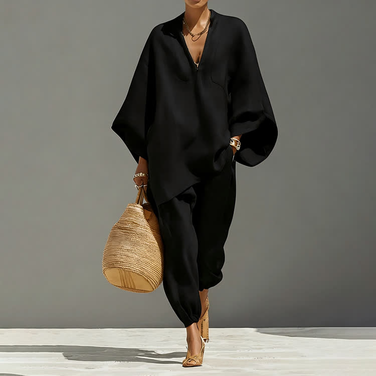 Elegant Solid V-neck Long-sleeve Loose Blouse & Bloomers Pants - Black - 3XL - image 13