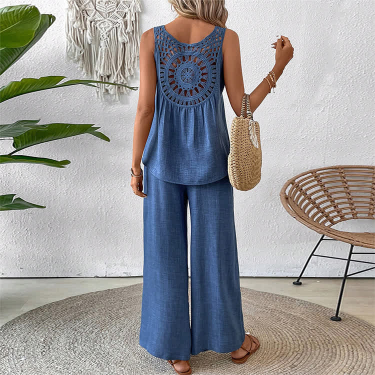 Boho Solid Woven Lace Round-neck Sleeveless Top & Pants Set - Blue - 2XL - image 7