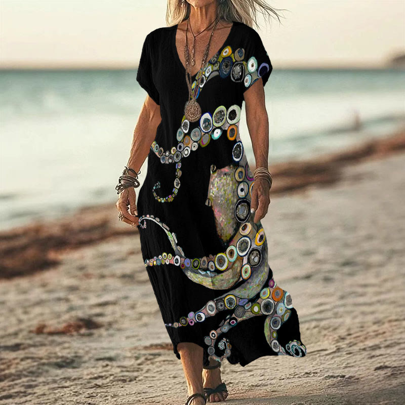 Colorful Octopus Oil Painting Print V-neck Dress - Black - 6XL - image 3