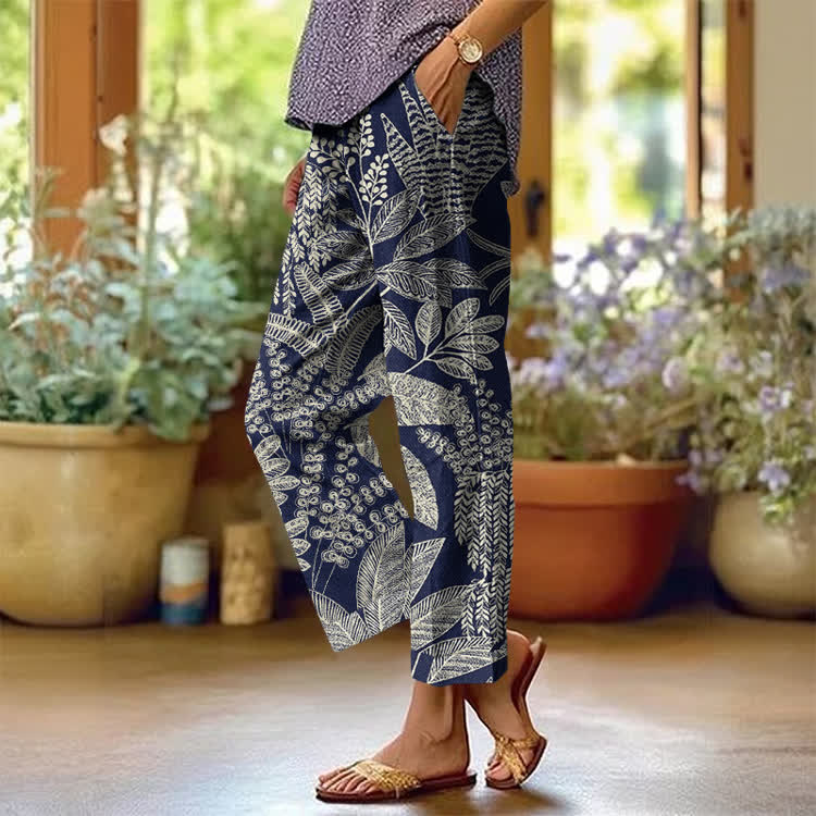 Fern Silhouettes Pattern Print Casual Pocket Pants  - Navy Blue - US 20 (5XL) - image 3