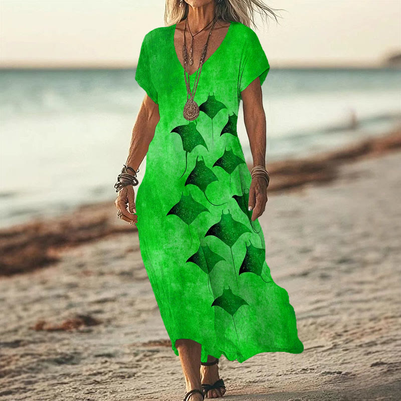 Vintage Manta Ray Art Print V-neck Dress - Green - 6XL - image 4