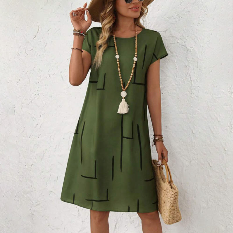 Geometric Line Print Short Sleeve Crew Neck Midi Dress - Green - 2XL - image 3
