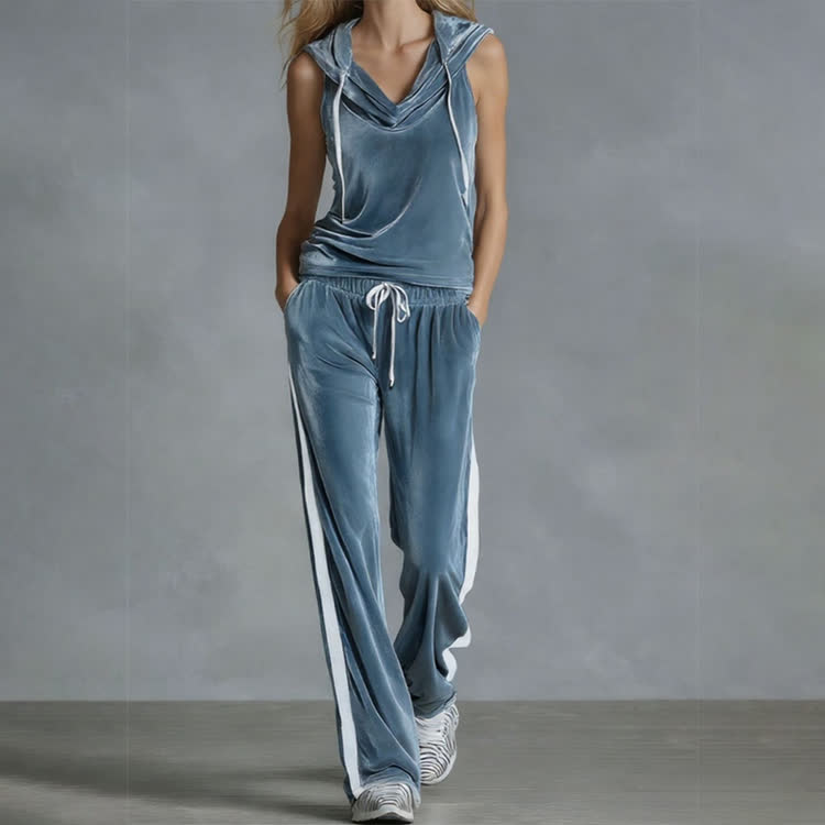 Solid Velvet Striped Paneling Drawstring Hood Sleeveless Top & Pants - Blue - 2XL - image 4