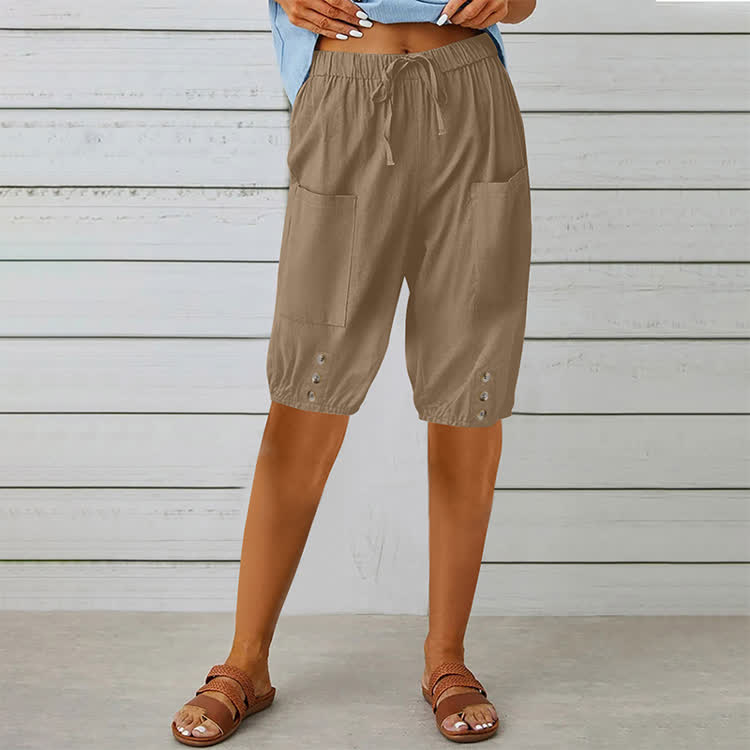 Elegant Solid Cozy Button-tab Hem Casual Pocket Capri Mid Pants  - Khaki - 3XL - image 5