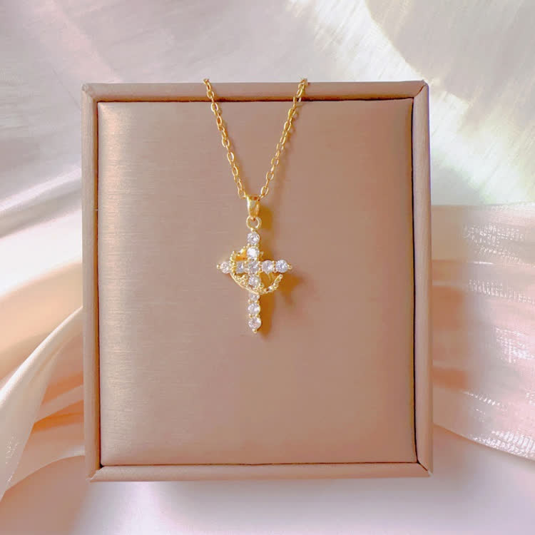 Faith Zircon Crown & Cross Necklace - Golden - image 4