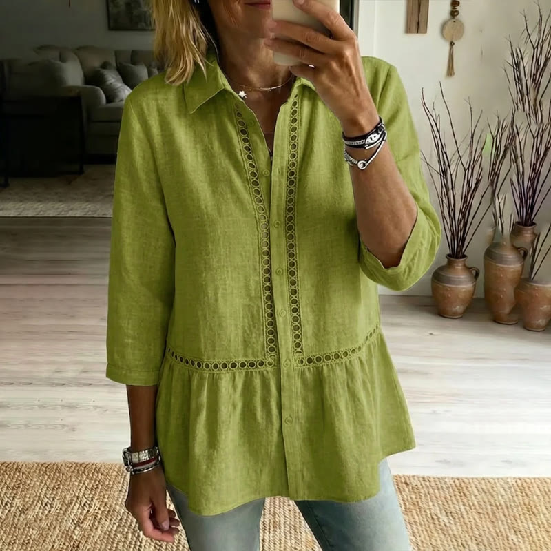 Elegant Bohemian Openwork Lace Linen Blend 3/4 Sleeve Blouse - Olive Green - 4XL - image 4