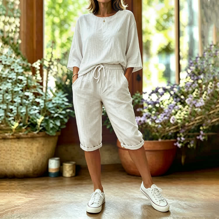 Elegant Solid Print 3/4 Sleeve Casual Blouse & Pocket Mid Short Set - White - 4XL - image 4