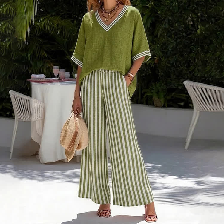 Elegant Stripe Print V-neck Half-sleeve Blouse & Wide-legs Pants Set - Green - 3XL - image 3