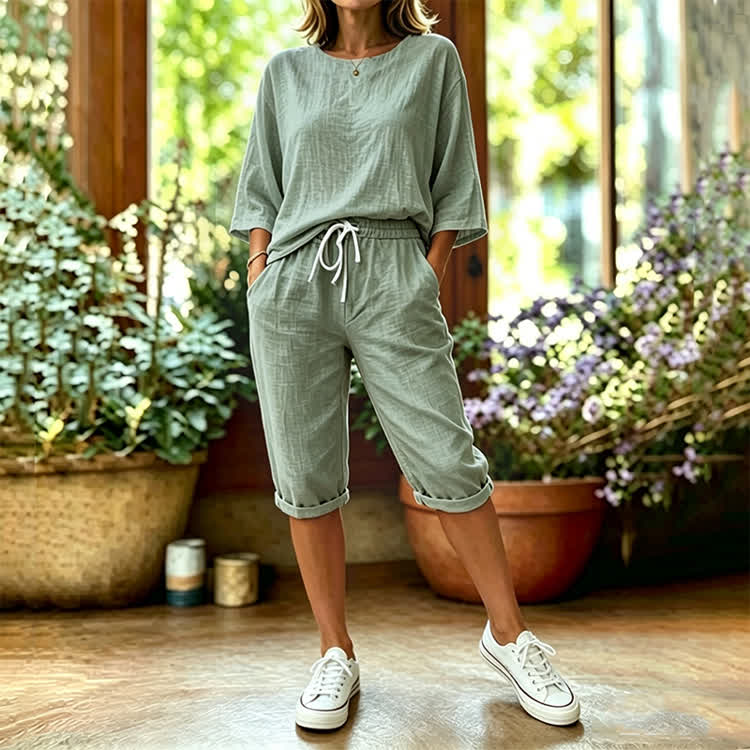 Elegant Solid Print 3/4 Sleeve Casual Blouse & Pocket Mid Short Set - Mint - 4XL - image 10
