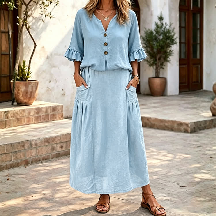 Solid Button V-neck Ruffle Sleeves Blouse & Solid Pocket Skirt Set - Light Blue - 4XL - image 4