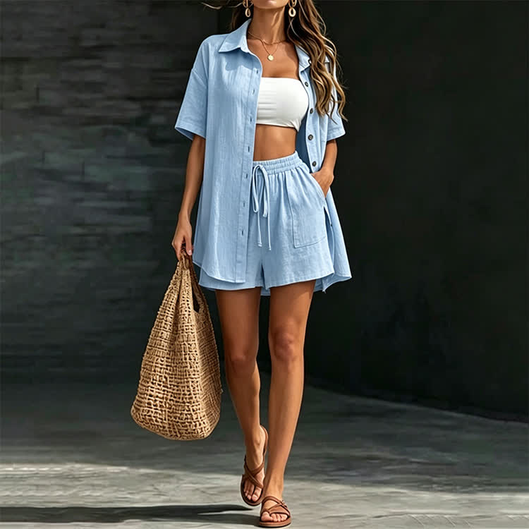 Solid Casual Texture Short-sleeve Shirt & Large Pocket Shorts Set - Light Blue - 2XL - image 6