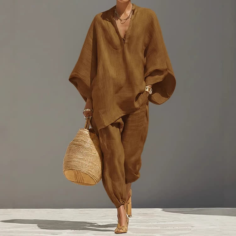 Elegant Solid V-neck Long-sleeve Loose Blouse & Bloomers Pants - Brown - 3XL - image 6