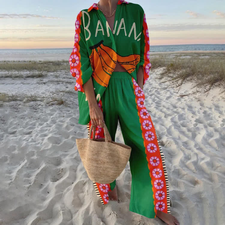Tropical Banana Pattern Print Long Sleeve Loose Shirt & Pocket Wide-leg Pants Set - Green - US 22 (4XL) - image 3