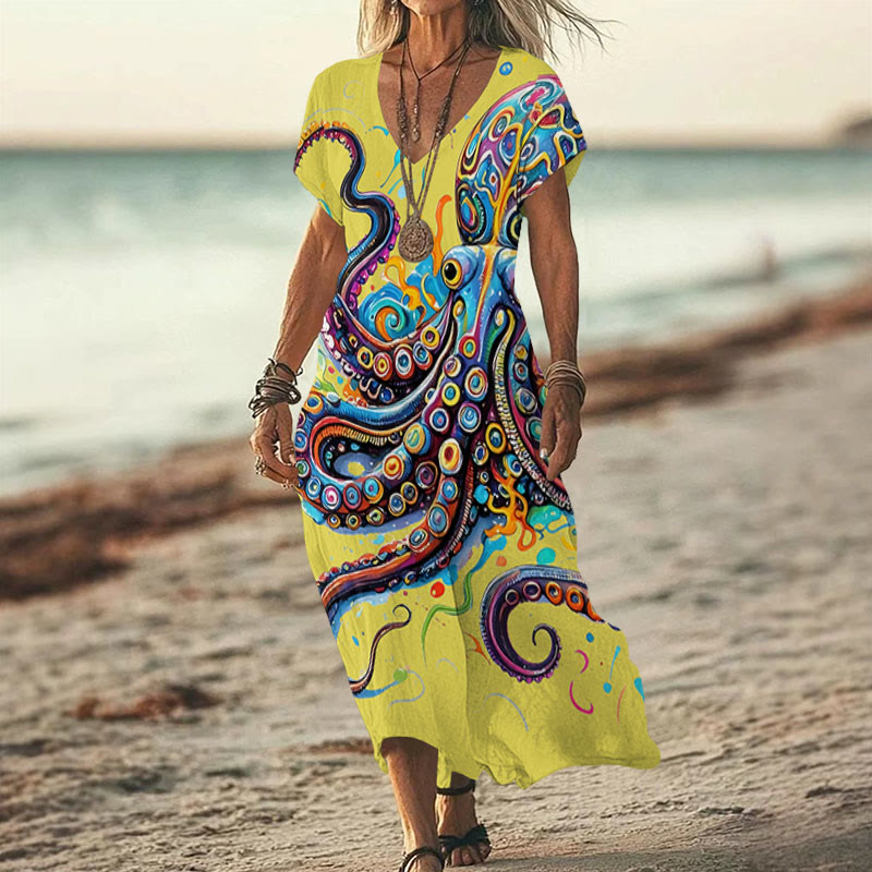 Vintage Rainbow Octopus Art Print V-neck Dress - Yellow - 6XL - image 6