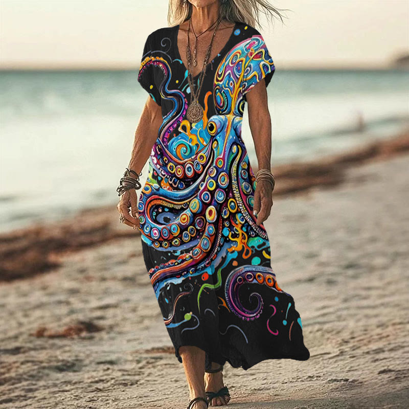 Vintage Rainbow Octopus Art Print V-neck Dress - Black - 6XL - image 5