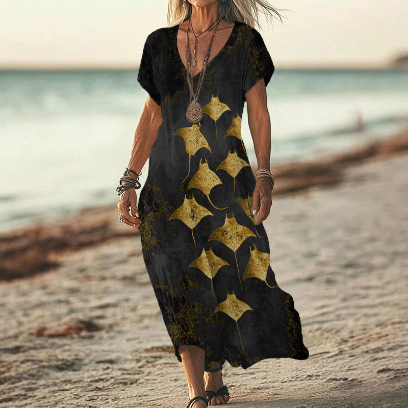 Vintage Manta Ray Art Print V-neck Dress - Black - 6XL - image 5