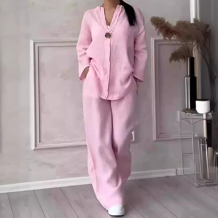 Solid Cozy Notched Collar Long-sleeve Blouse & Wide-leg Pants Set - Pink - 5XL - image 4