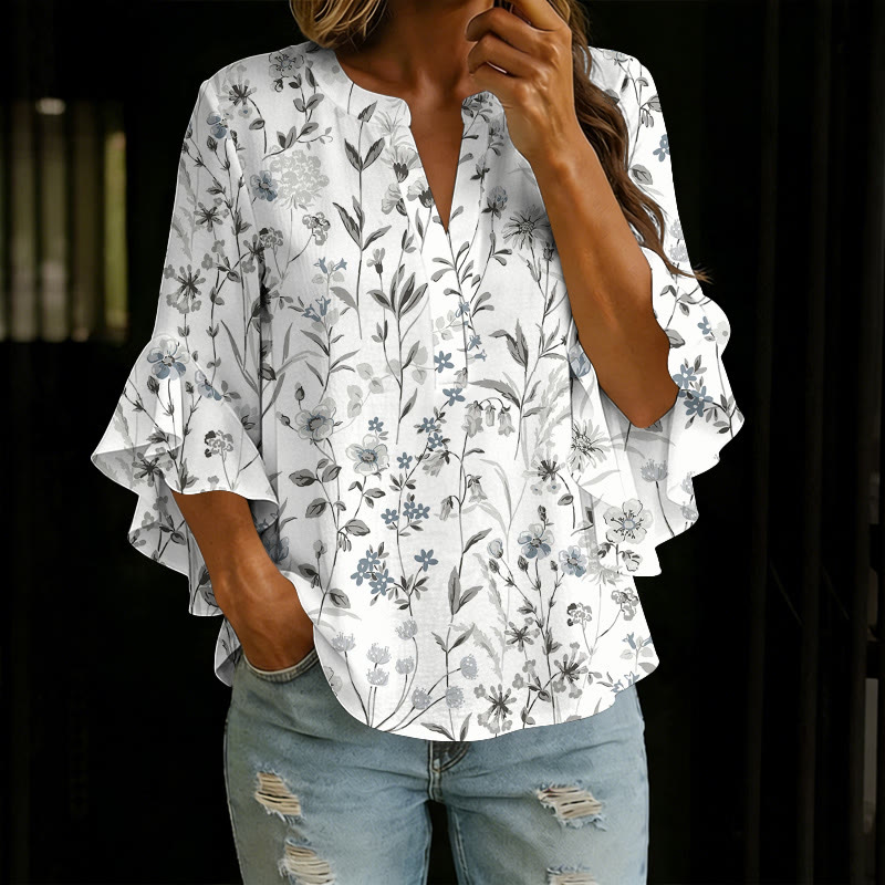  Pastoral Watercolor Flowers And Plants Print V-neck Half Sleeve Blouse - Light Gray - 5XL - image 10
