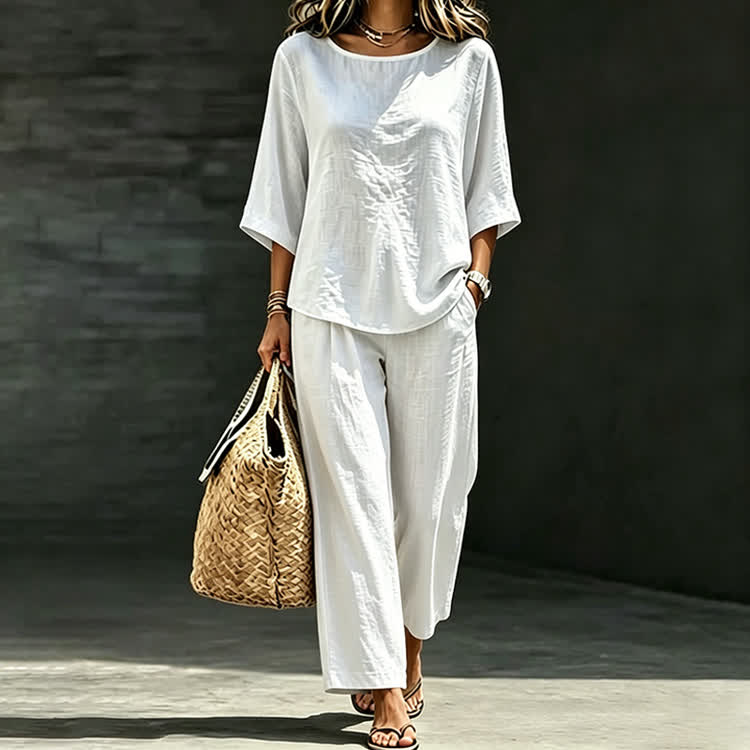 Elegant Solid Print 3/4 Sleeve Casual Blouse & Casual Pocket Pants Set - image 4