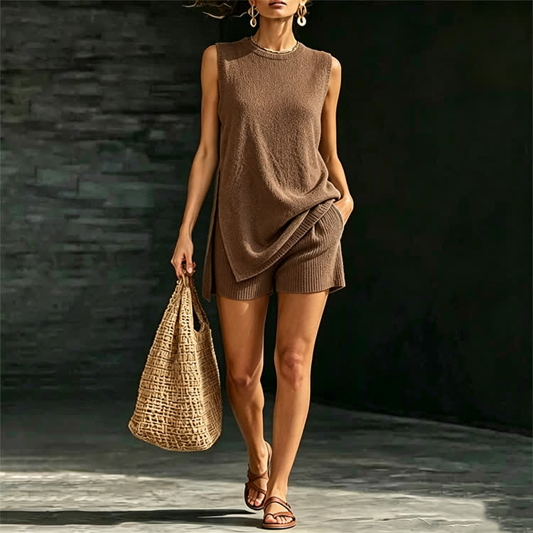 Solid Sleeveless Knit Sweater High Side Slit Top & Short 2 Piece Set - Brown - 3XL - image 12