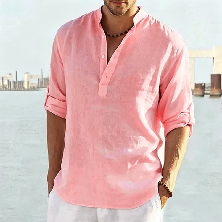 Men's Casual Cotton Linen Solid Color Henley Neck Long Sleeve Shirt - Rose - 5XL - image 6