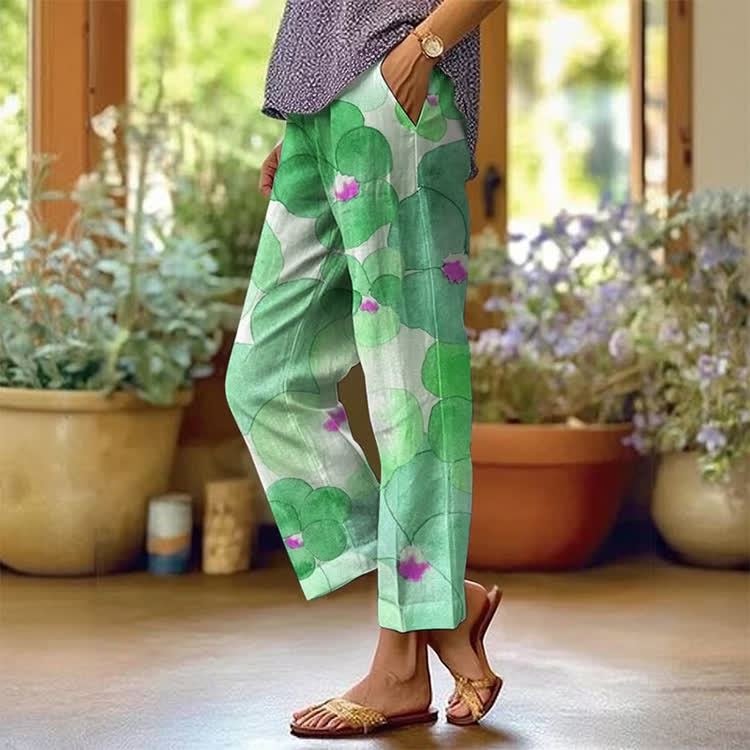 Simple Watercolor Large Flowers Pattern Print Casual Pocket Pants  - Green - US 20 (5XL) - image 3