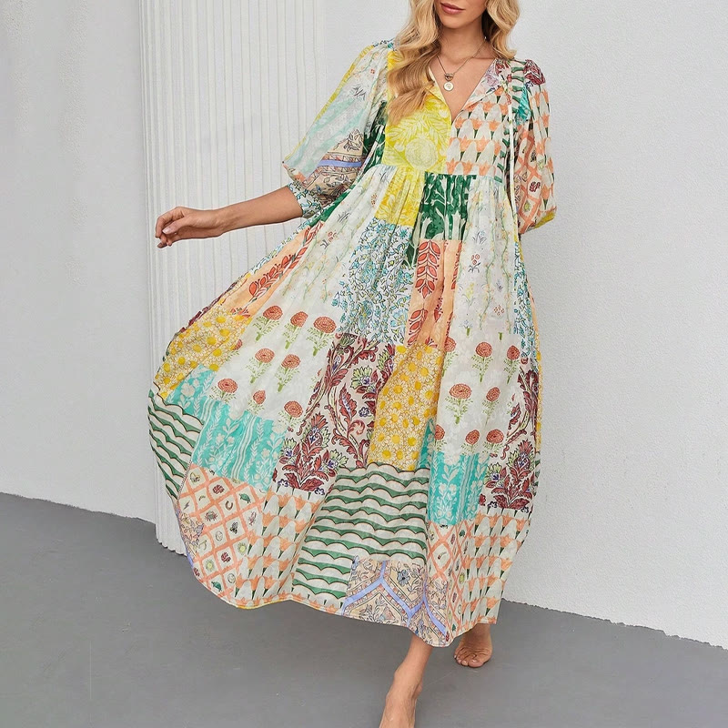 Boho Ethnic Patchwork Patterns Lace-up V-neck Lantern Sleeves Maxi Dress - Yellow - 2XL - image 5