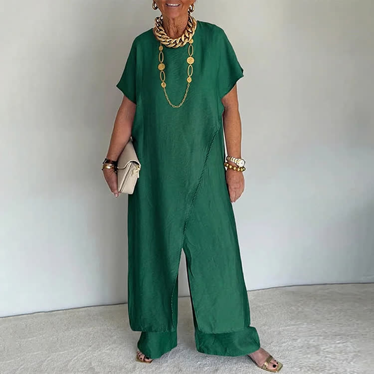 Elegant Solid Round-neck Short Wide-sleeve Blouse & Wide-legs Pants - Dark Green - 3XL - image 13