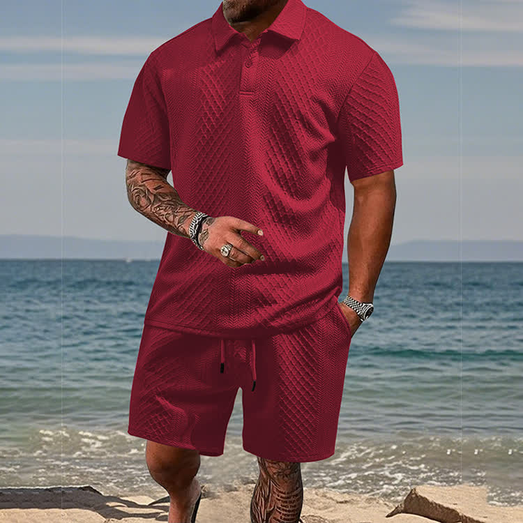 Solid texture Short-sleeve Polo Shirt & Shorts 2-piece Set - Wine - 5XL - image 3