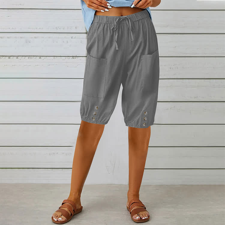Elegant Solid Cozy Button-tab Hem Casual Pocket Capri Mid Pants  - Grey - 3XL - image 3