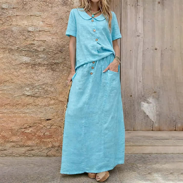 Elegant Solid Buttons Short Sleeve Peter Pan Collar Blouse & Solid Pocket Buttons Skirt Set - Lake Blue - 3XL - image 7