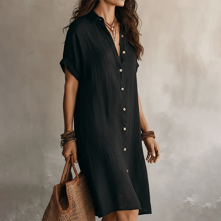 Solid Texture Lapel Short-sleevebutton-front Shirt Midi Dress - image 11