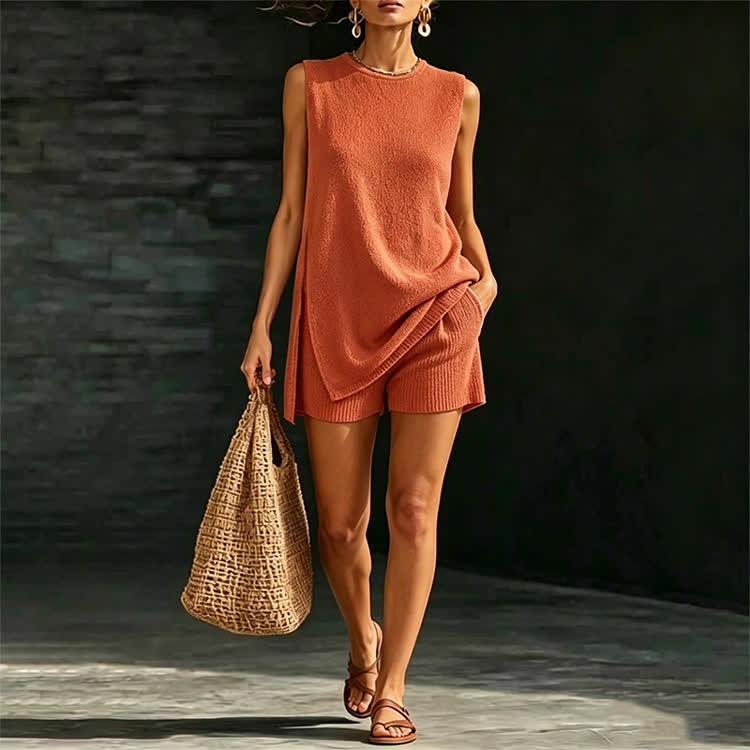 Solid Sleeveless Knit Sweater High Side Slit Top & Short 2 Piece Set - Orange - 3XL - image 8