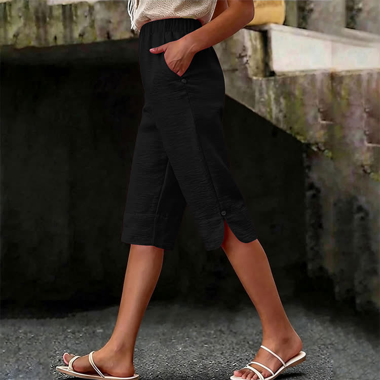 Elegant Solid Cozy Button-slit Hem Casual Pocket Capri Mid Pants  - Black - 3XL - image 8