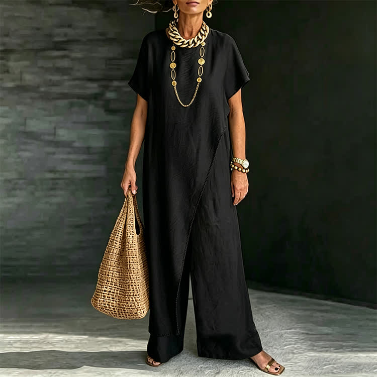 Elegant Solid Round-neck Short Wide-sleeve Blouse & Wide-legs Pants - image 6