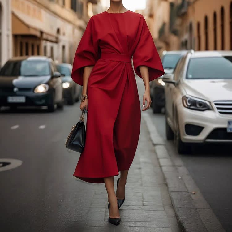 Elegant Solid Demeanor Batwing Sleeves Round-sleeve Dress - Red - 3XL - image 6