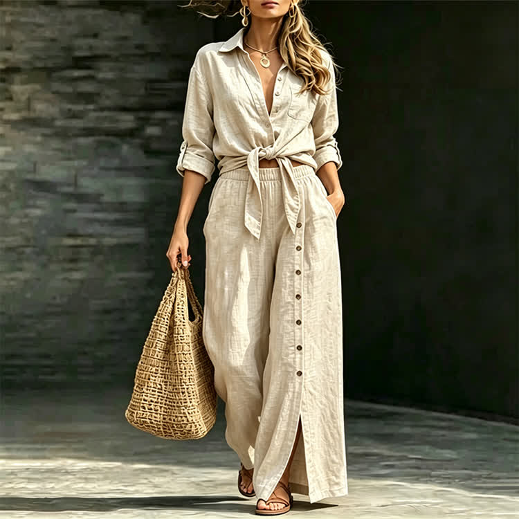 Solid Casual Texture 3/4-sleeve Shirt & Irregular Slit Pants Set - Apricot - 3XL - image 4