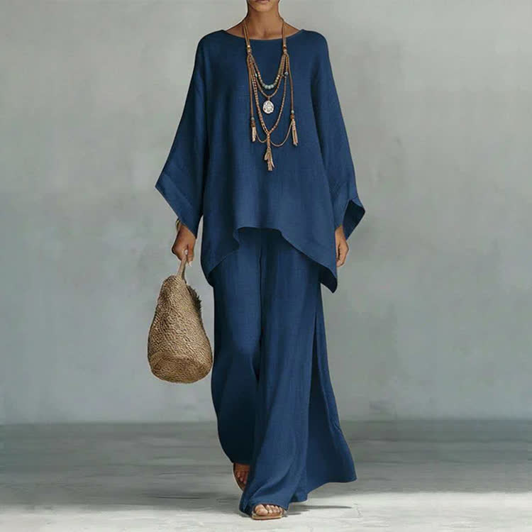 Solid Casual Texture 3/4 Batwing Sleeve Shirt & Wide-leg Pants Set - Navy Blue - 3XL - image 13