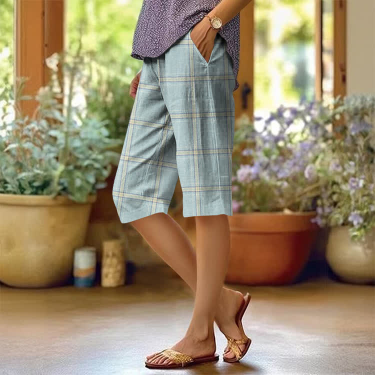 Classic Plaid Pattern Print Casual pocket Mid Short Pants  - Light Green - US 20 (5XL) - image 3