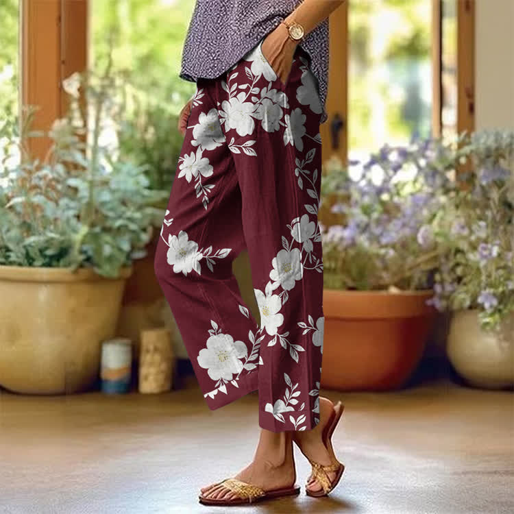 Vintage Floral Branch Pattern Print Casual Pocket Pants  - Wine - US 20 (5XL) - image 4