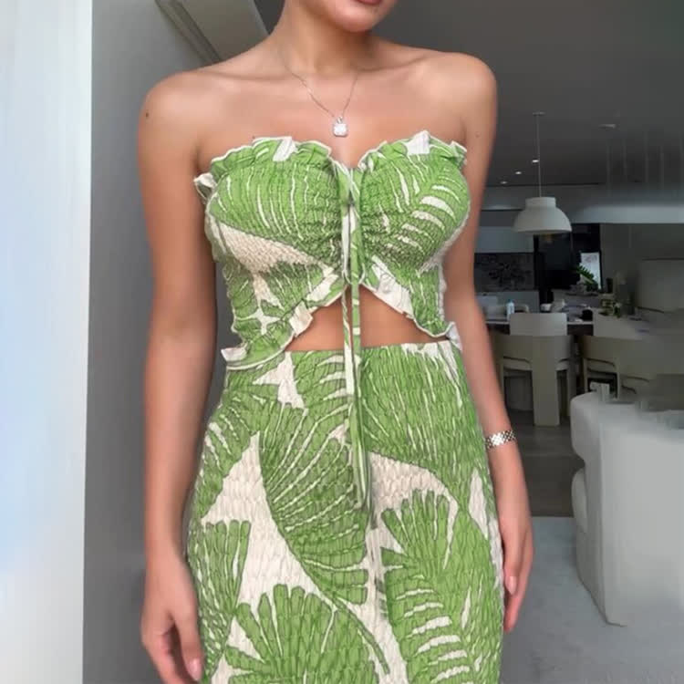 Boho Resort Tropical Palm Leaf Print Smocking Tie-front Strapless Top Mermaid Maxi Dress - image 7