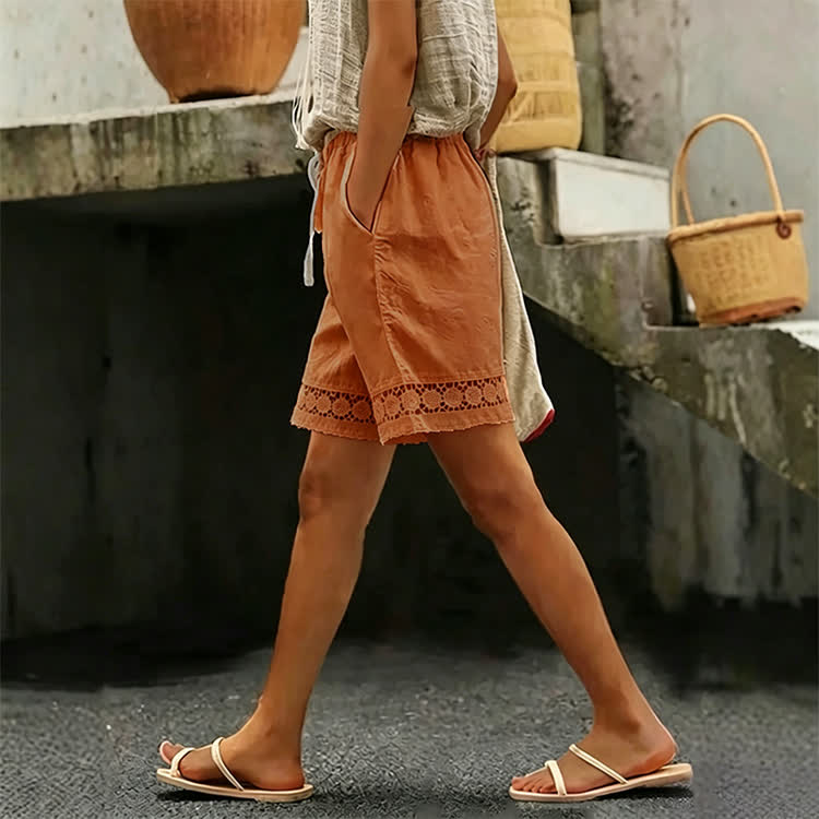 Cozy Solid Texture Lace Splicing Large Pockets Short Pants  - Orange - 2XL - image 8
