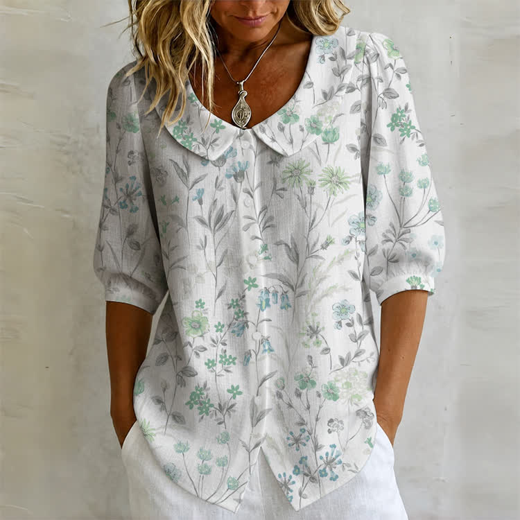 Pastoral Watercolor Flowers And Plants Print Button-up Half-sleeve Peter Pan Collar Blouse - Light Green - US32-34(5XL) - image 4