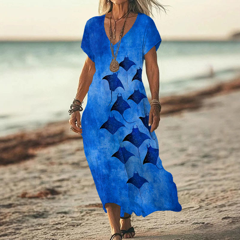 Vintage Manta Ray Art Print V-neck Dress - Blue - 6XL - image 6