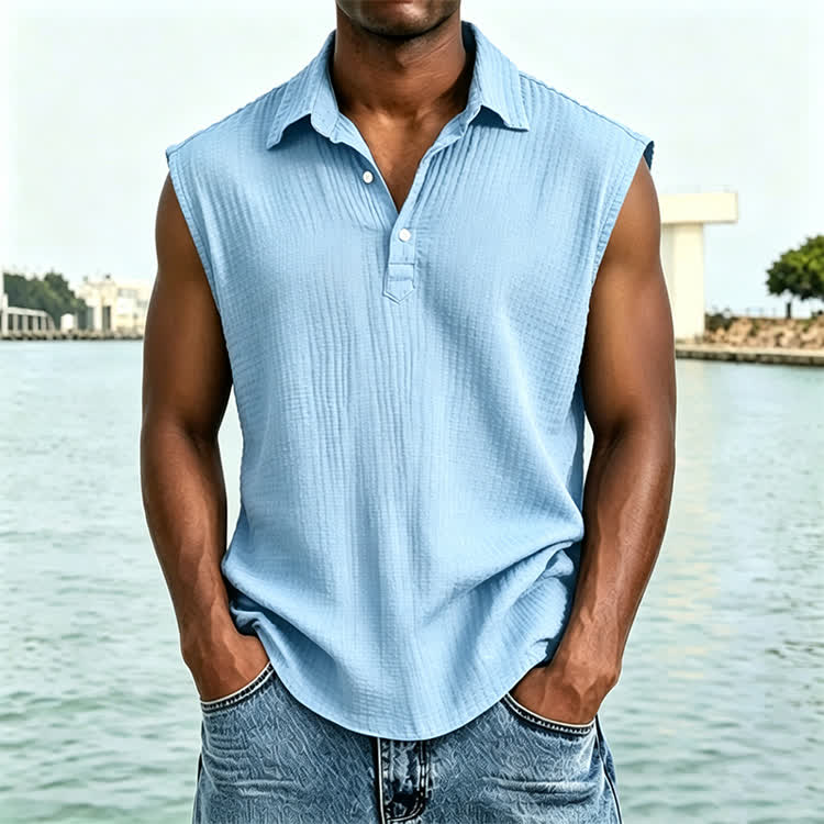 Cozy Solid Texture Sleeveless Button Polo Shirt - Sky Blue - 4XL - image 8