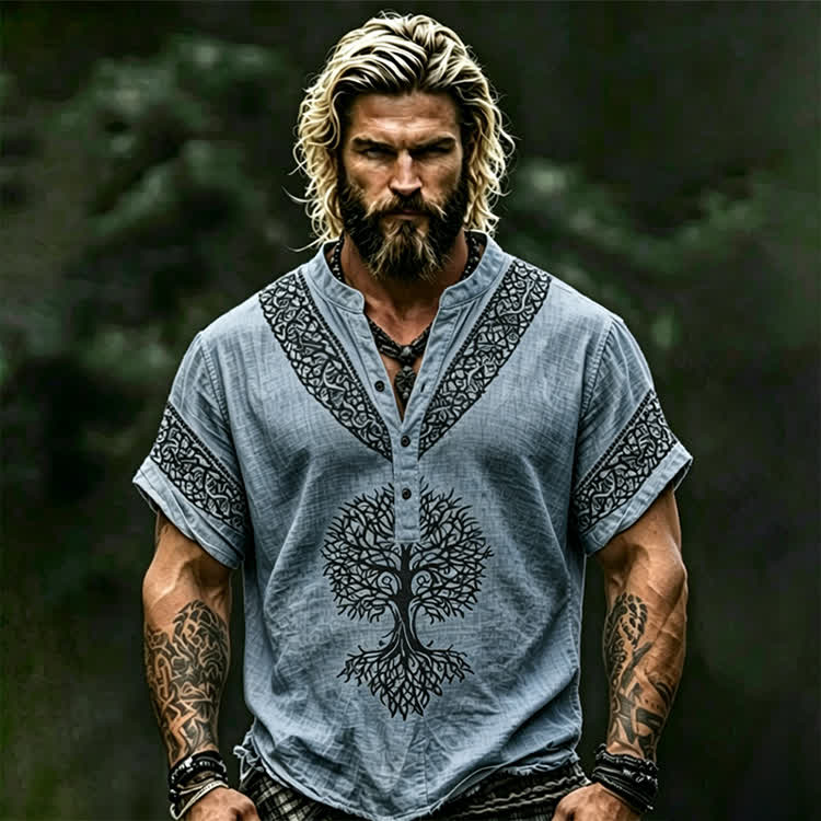 Vintage Viking Tree Of Life Art Print Short Sleeve Half-placket Shirt - Blue - 5XL - image 5
